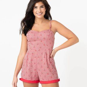 Unique Vintage Plus Size Red Gingham & Cherry Print Ossining Romper - 2X/18